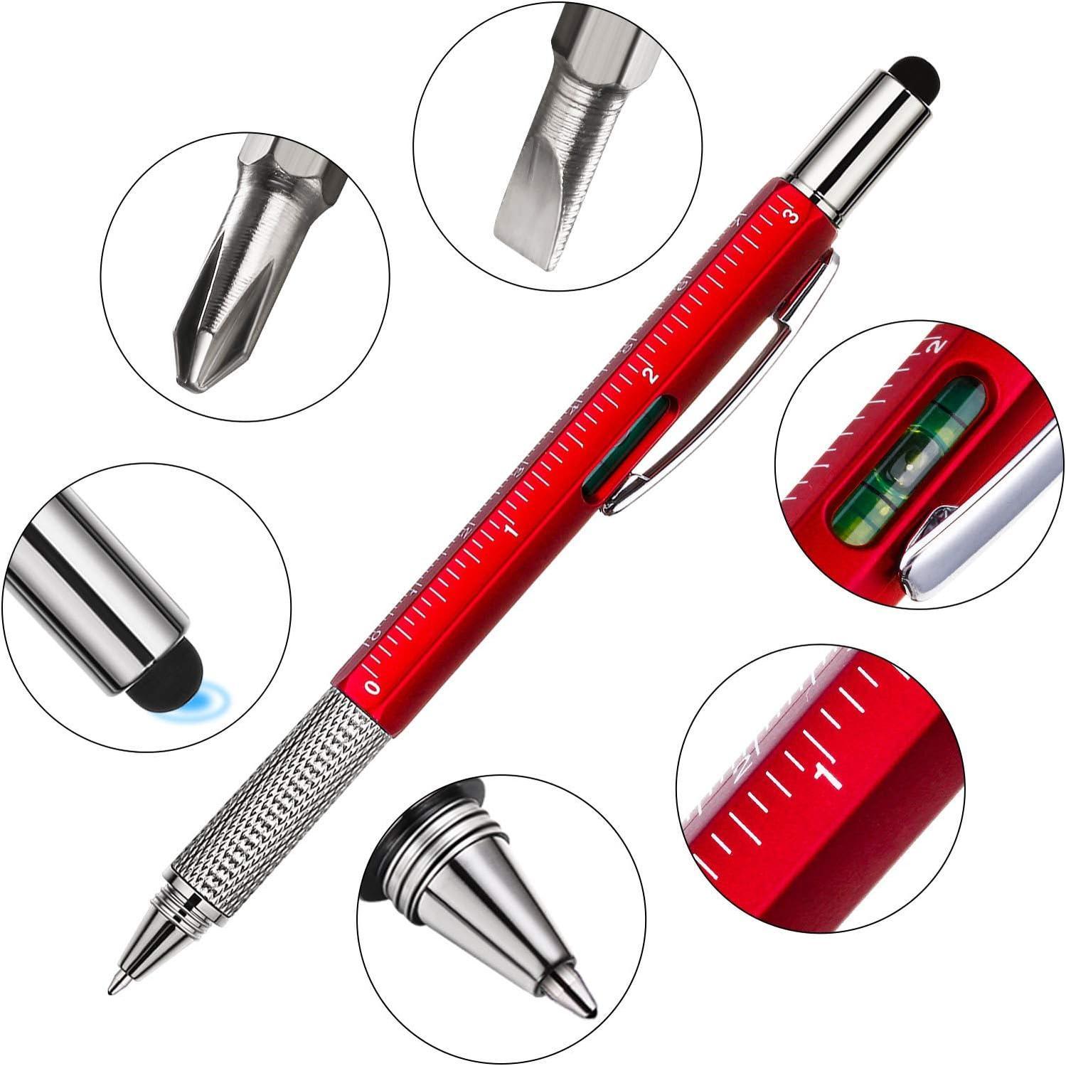 4 count 6 in 1 Multitool Pen Gifts for Men Dad Husband Multi Tool Pen with Level Ruler  Stylu Refills Cool Gadgets Birthday  for Father (Red,Green,Gray,Blue)