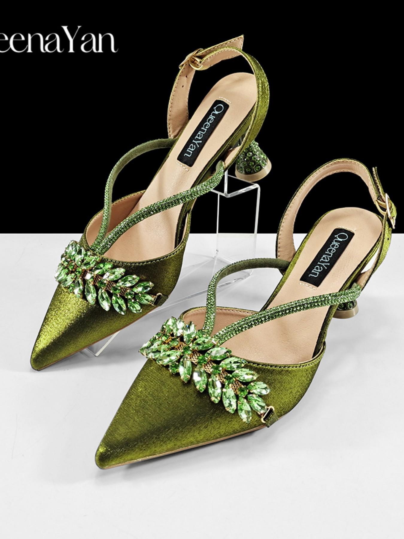 2026 Party New Italian Style High Heels with Bag, Style, Pointed Toe, Metal Decor, Rhinestone Accent, Elegant Olive Color, Women's High Heels