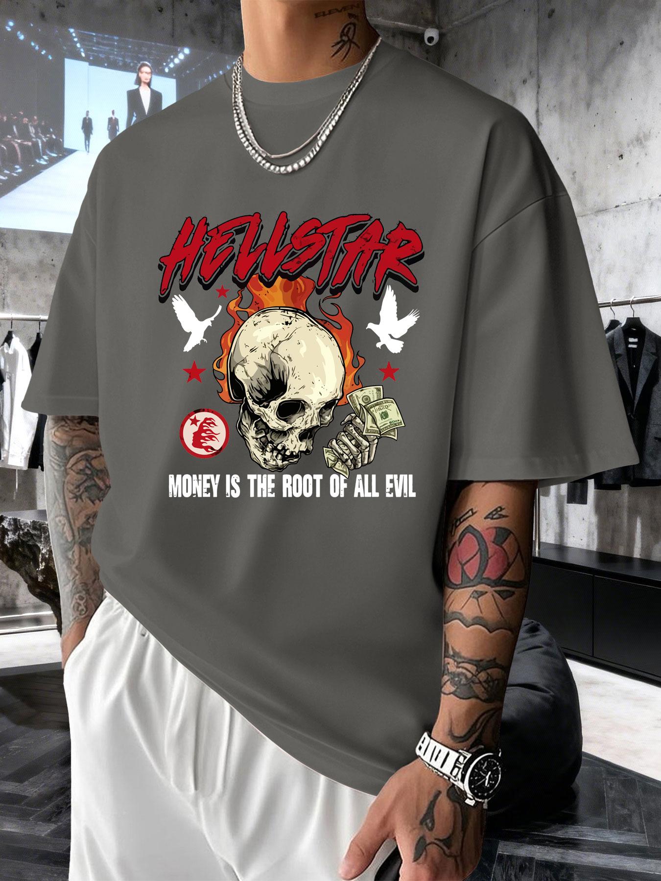 Men's Short Sleeve T-Shirt Summer Hellstar Flame Skull Dollar Print, American High Street Dark Fashion, Loose Fit Drop Shoulder Top