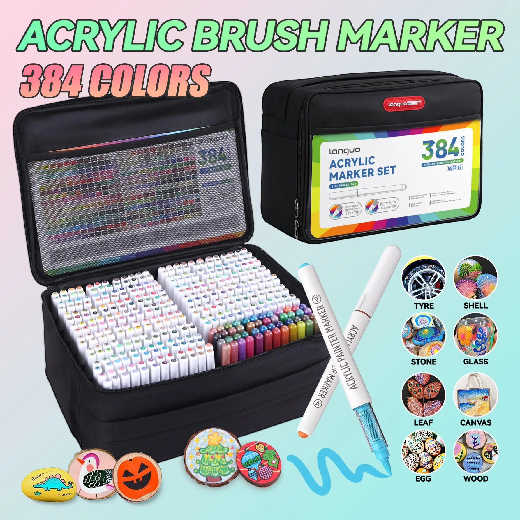 96-384 Colors Soft Tip Acrylic Markers Set, Non-Disposable Writing Pens, Art Supplies, Back-To-School Gift, Office Drawing Tools, Acrylic Paint Markers, Liquid Acrylic Markers