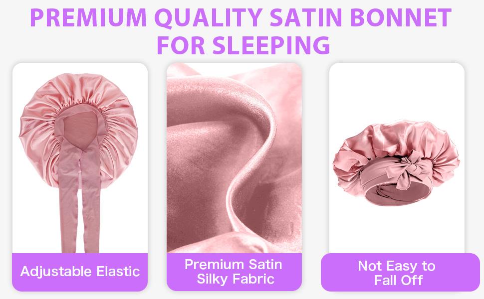 Silk Satin Bonnet for Women Sleeping Cap Double Layer Hair Bonnet with Adjustable Tie Band for Natural Curly Hair Pink Haircare Elastic