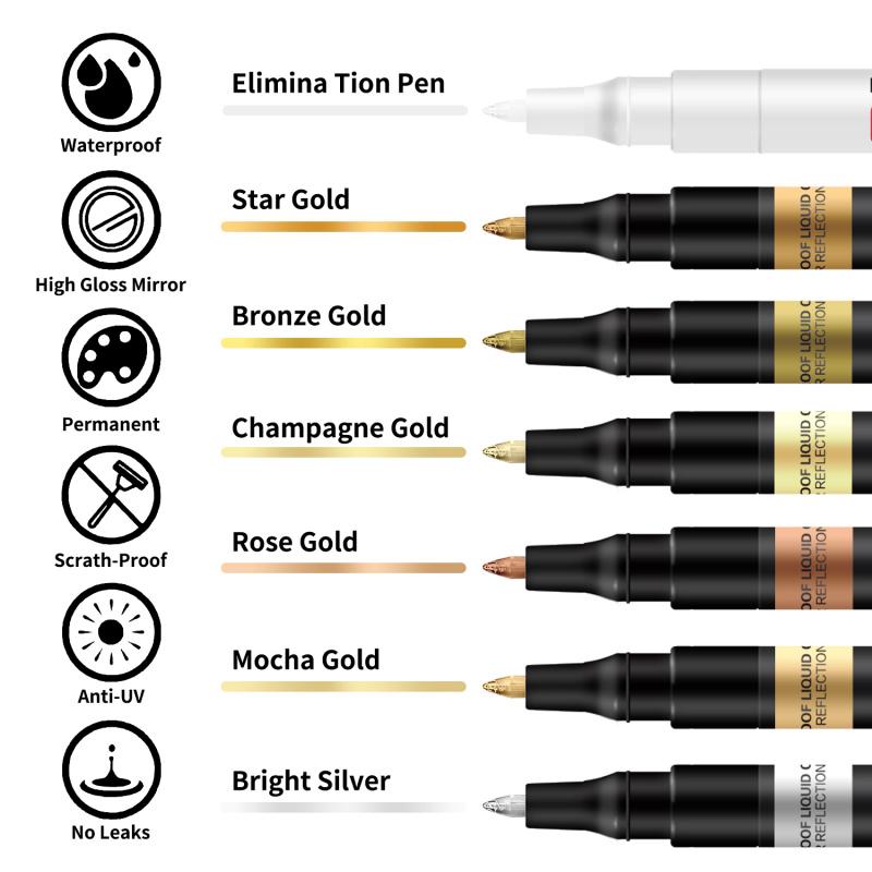 6 Colors High Gloss Liouid Chrome Paint Pen Markers,Metallic Art Paint Marker Pen for Any Surfac for Plastic Glass Rock Ceramic With Marker Clear pen