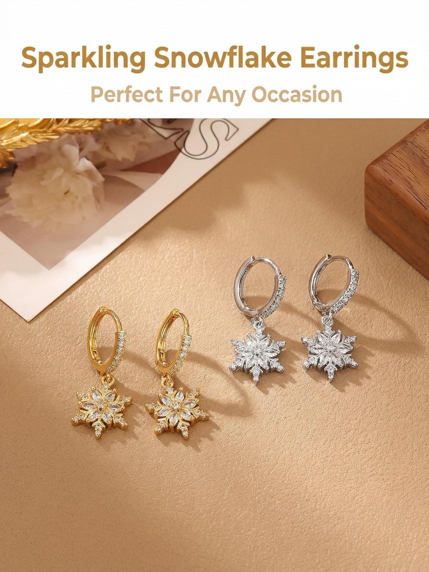 Elegant Rhinestone Snowflake Earrings, Luxurious Zircon Ear Studs, Plated, European and American Style Jewelry