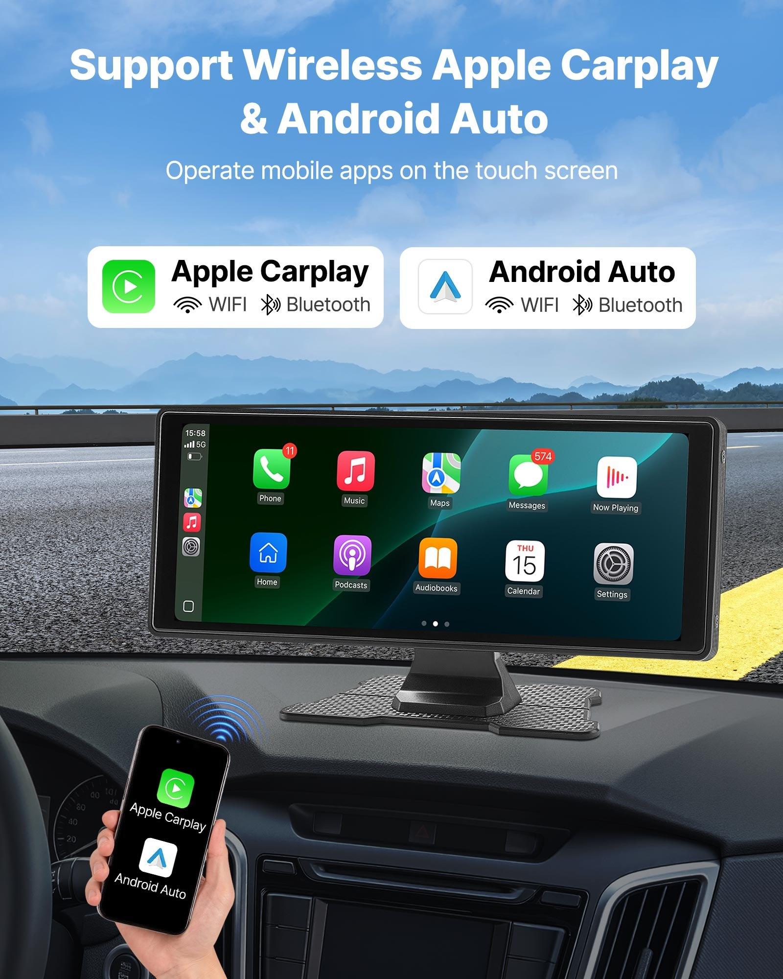 fathersdaygift  VEVOR Wireless Car Stereo, 10-Inch HD Portable Radio Touch Screen with Apple CarPlay and Android Auto, CarPlay Screen with Front Backup Cameras, Voice Control, Mirror Link, Bluetooth, GPS Navigation