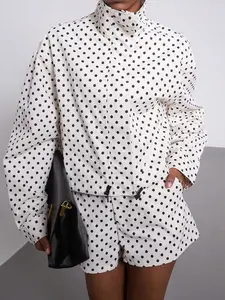 Women's Spring/Fall European Style Two-Piece Button Front Suit, Stand Collar Vintage Polka Dot Long Sleeve Blazer & Shorts, Pilot Look Outerwear