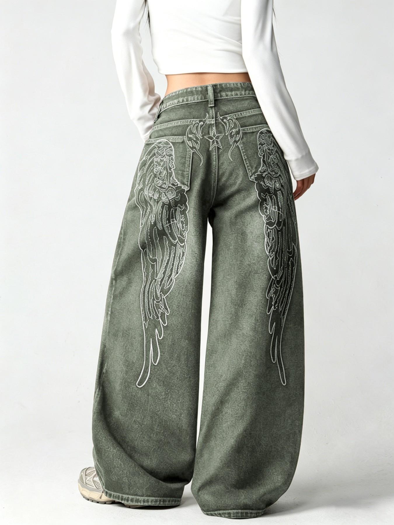 Vintage Creative Wing Embroidery Women's High Waist Baggy Denim Jeans, Casual Jeans Pants, Fashionable Trendy Streetwear Versatile Slimming Wide Leg Long Pants