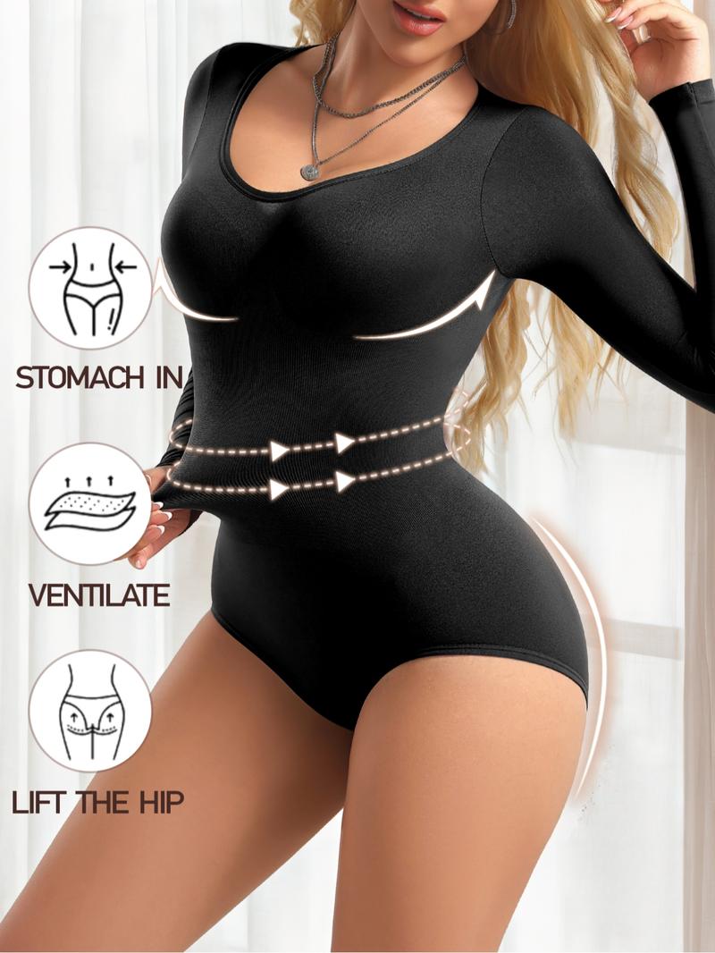 Women's Shapewear for Fall&Winter,Ribbed Abdomen Control Bodysuit, Long Sleeve Seamless T Shirt,Comfortable Scoop Neck Body Suit Stretchy Basic Tops, Fit Soft Elastic Fabric, Perfect For Daily Wear and  Going Out