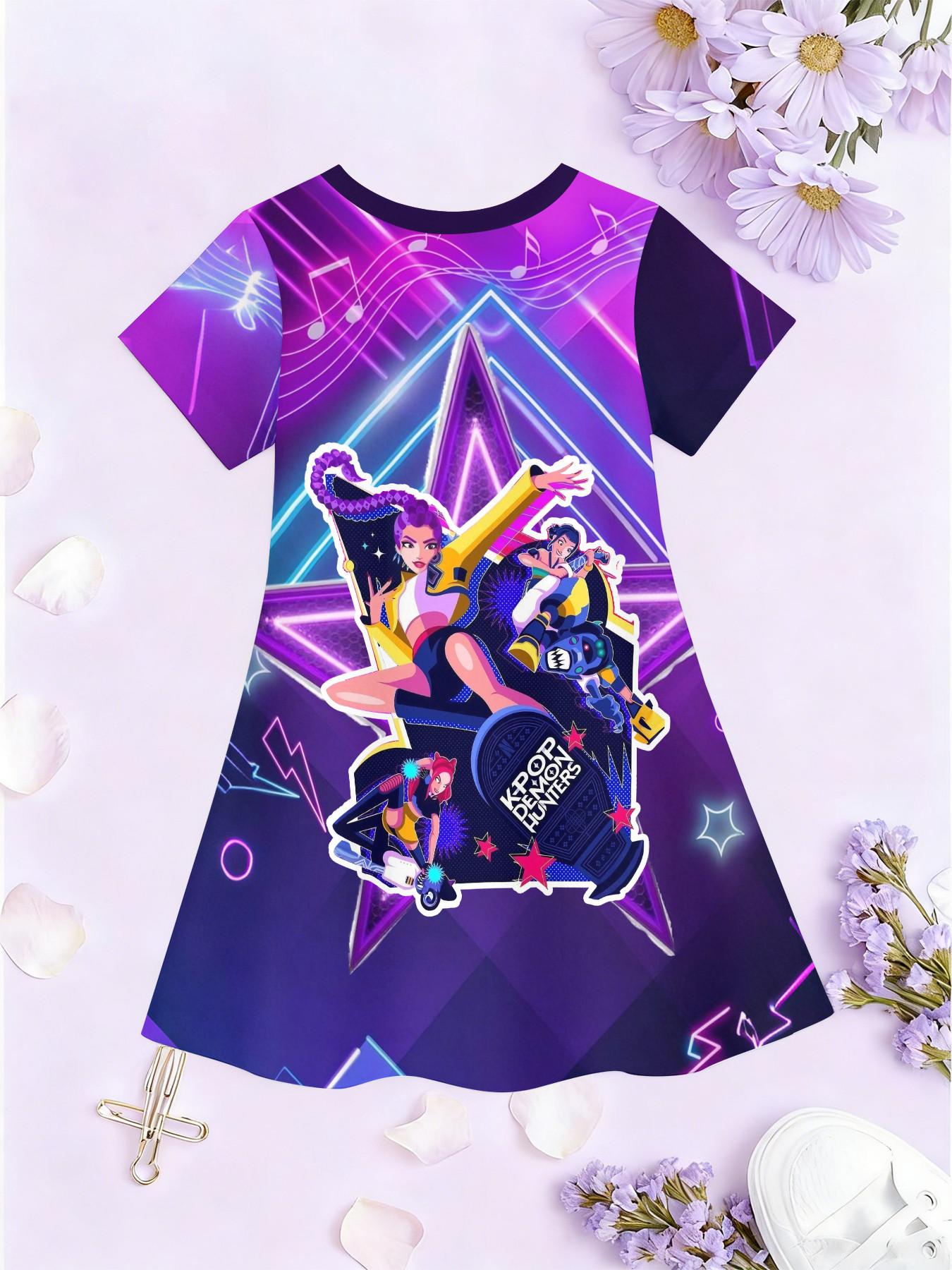 Girls' 3D Short Sleeve Dress, Neon Kda Full Print Summer Dress, Perfect for Parties, Festivals, Gifts, Birthday Presents