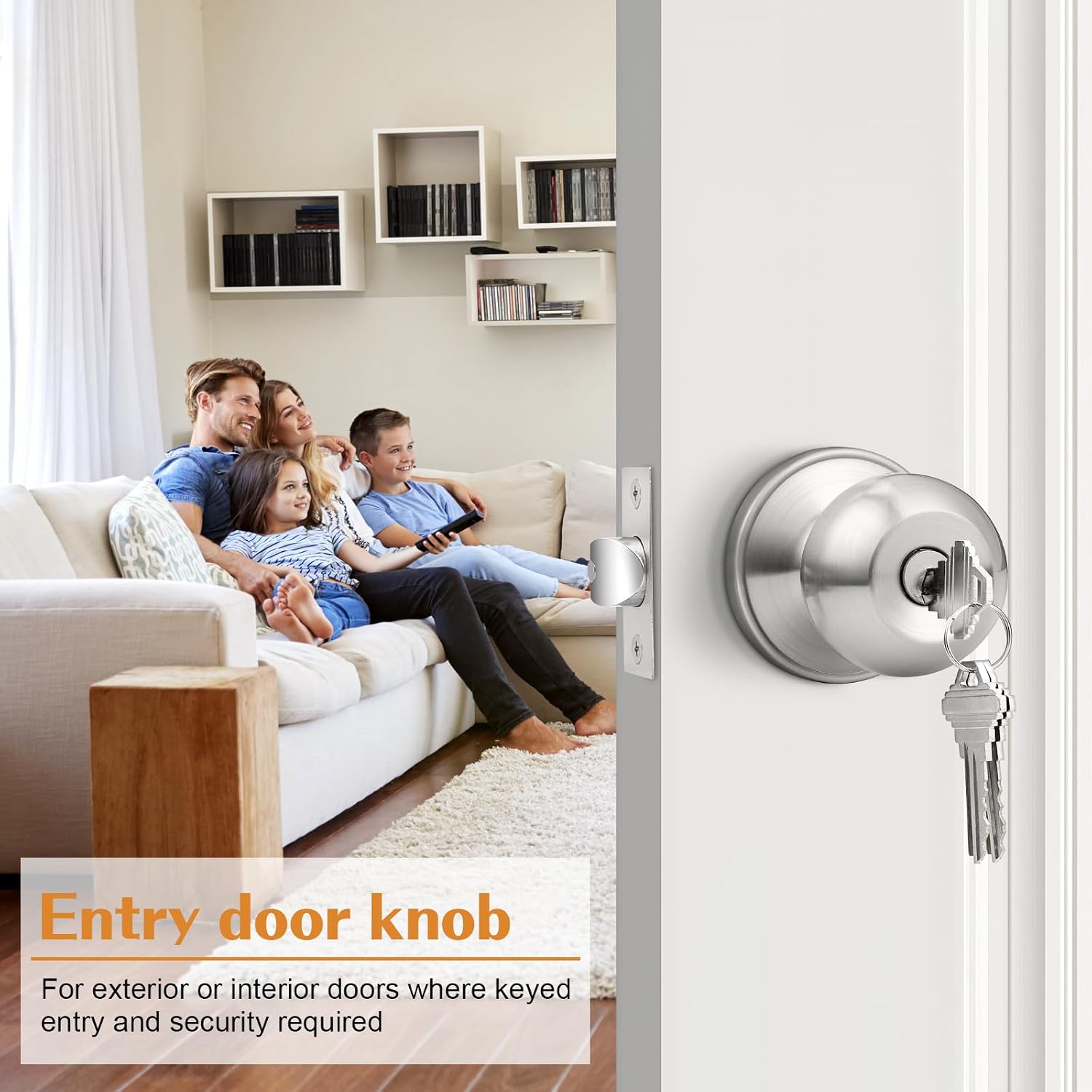 Exterior Door Knob with Lock and Key, Brushed Nickel Foor Knobs 1 Pack, Bedroom Door Knobs Modern Round Ball Style