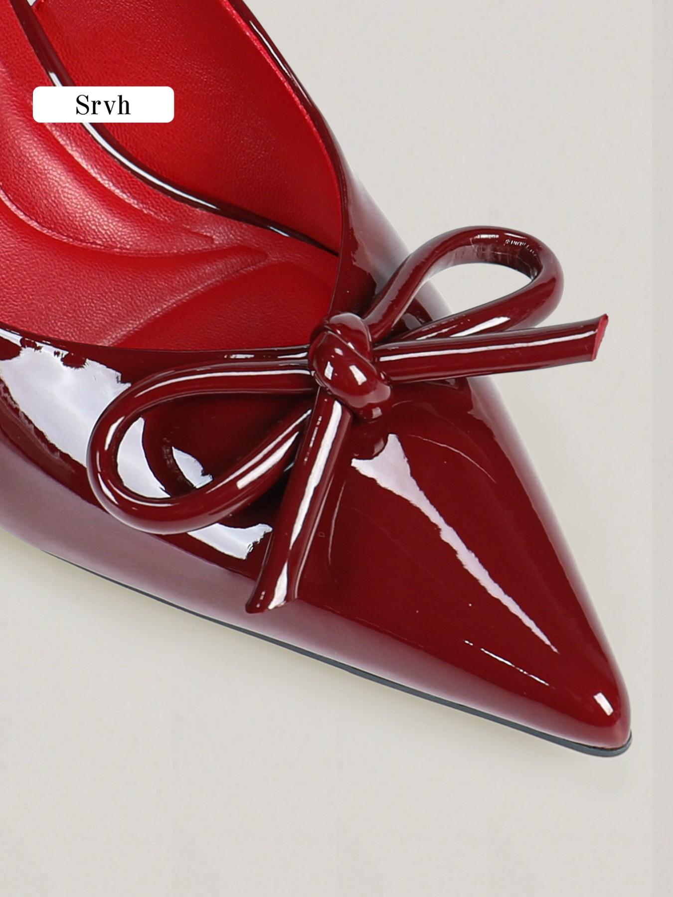 Women's Bow Pointed Toe Slingback Pumps, Glossy Patent Leather Stiletto Heels, French Vintage Day-to-Night Dress Shoes for Work, Valentine's Day, Dates, Parties & Proms