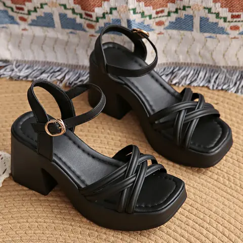 Women's Fashionable Cross Strap Heeled Sandals, Casual Comfortable High Heel Dress Sandals for Daily Wear, Trendy All-match Flatform PU Leather Sandals for Women & Girls