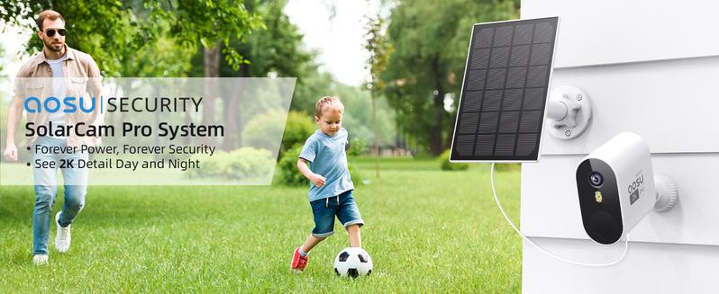 AOSU Solar Security Cameras Wireless Outdoor, 2K QHD Battery Powered Home Security System, 4 Cameras Kit with 166° Ultra-Wide View, Forever Power, Spotlight Camera, 32G Local Storage, No Monthly Fee