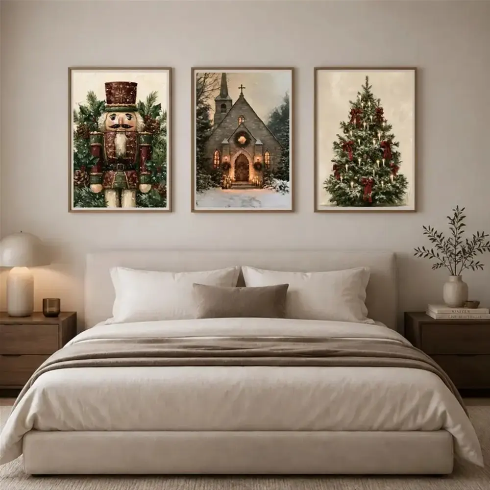 3 Pieces Christmas Vintage Nostalgic Christmas Tree, Nutcracker & Warm Cottage Canvas Posters, Study & Living Room Decorative Art, Framed and Unframed Options Available.