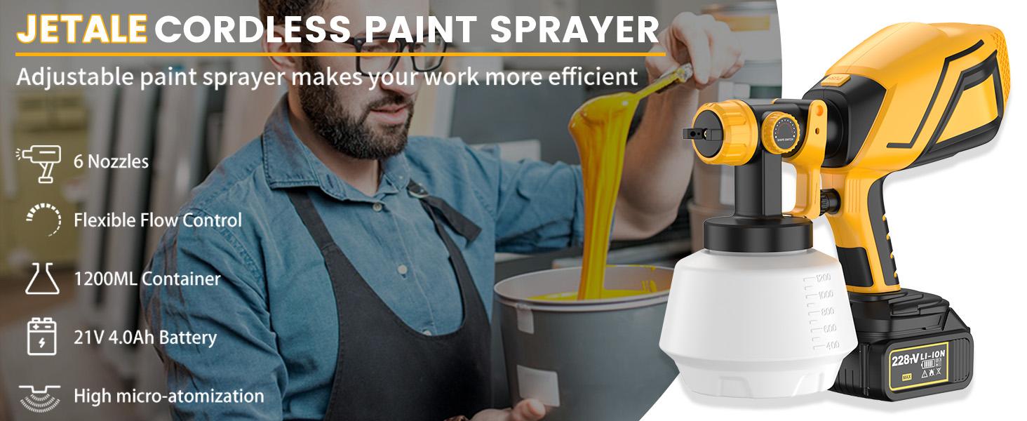 Cordless Paint Sprayer 2025 Upgrades, 750W Brushless Paint Gun with 2 * 4.0Ah Battery, 1200ml High Capacity & 6 Nozzles, High Pressure Electric Paint Sprayer