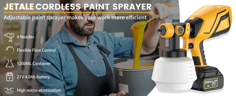 Cordless Paint Sprayer 2025 Upgrades, 750W Brushless Paint Gun with 2 * 4.0Ah Battery, 1200ml High Capacity & 6 Nozzles, High Pressure Electric Paint Sprayer