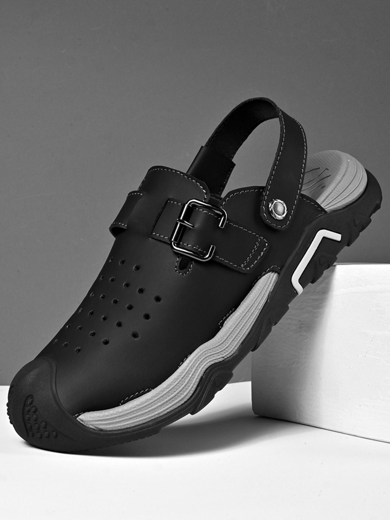 Men's Solid Color Dual-Wear Closed-Toe Perforated Sandals, Adjustable Velcro Non-Slip Beach Shoes, Breathable Outdoor Water-Slippers