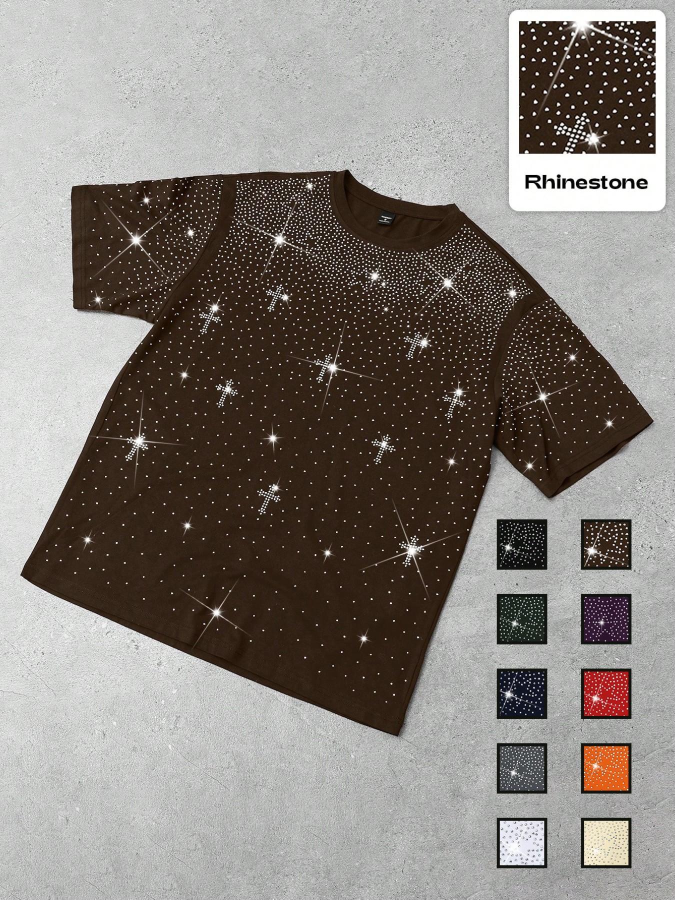 Men's Gothic Cross Rhinestone Embellished T-Shirt | Lightweight Breathable Polyester, Black Base with Sparkling Rhinestone Star & Cross Print, Oversized Fit, Y2K Streetwear Casual Tee, Ideal for Party, Night Out, Urban Street Style & Edgy Looks