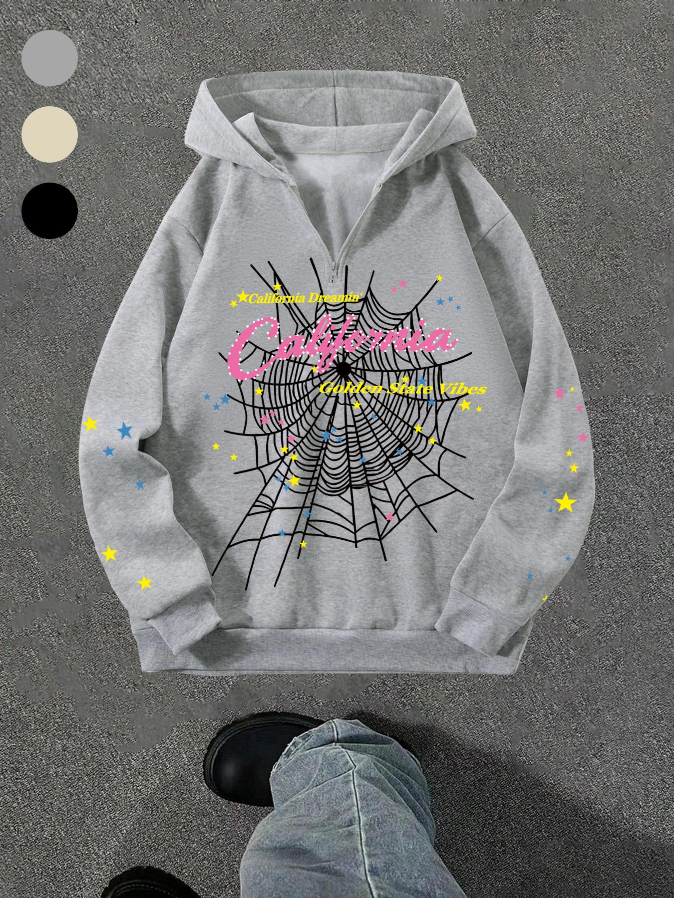 Men's Hooded Sweatshirt, Spider Web Pattern, Letter Print, Colorful Stars, Street Punk Style, Casual Fitted, Fall & Winter, Graphic Hoodie