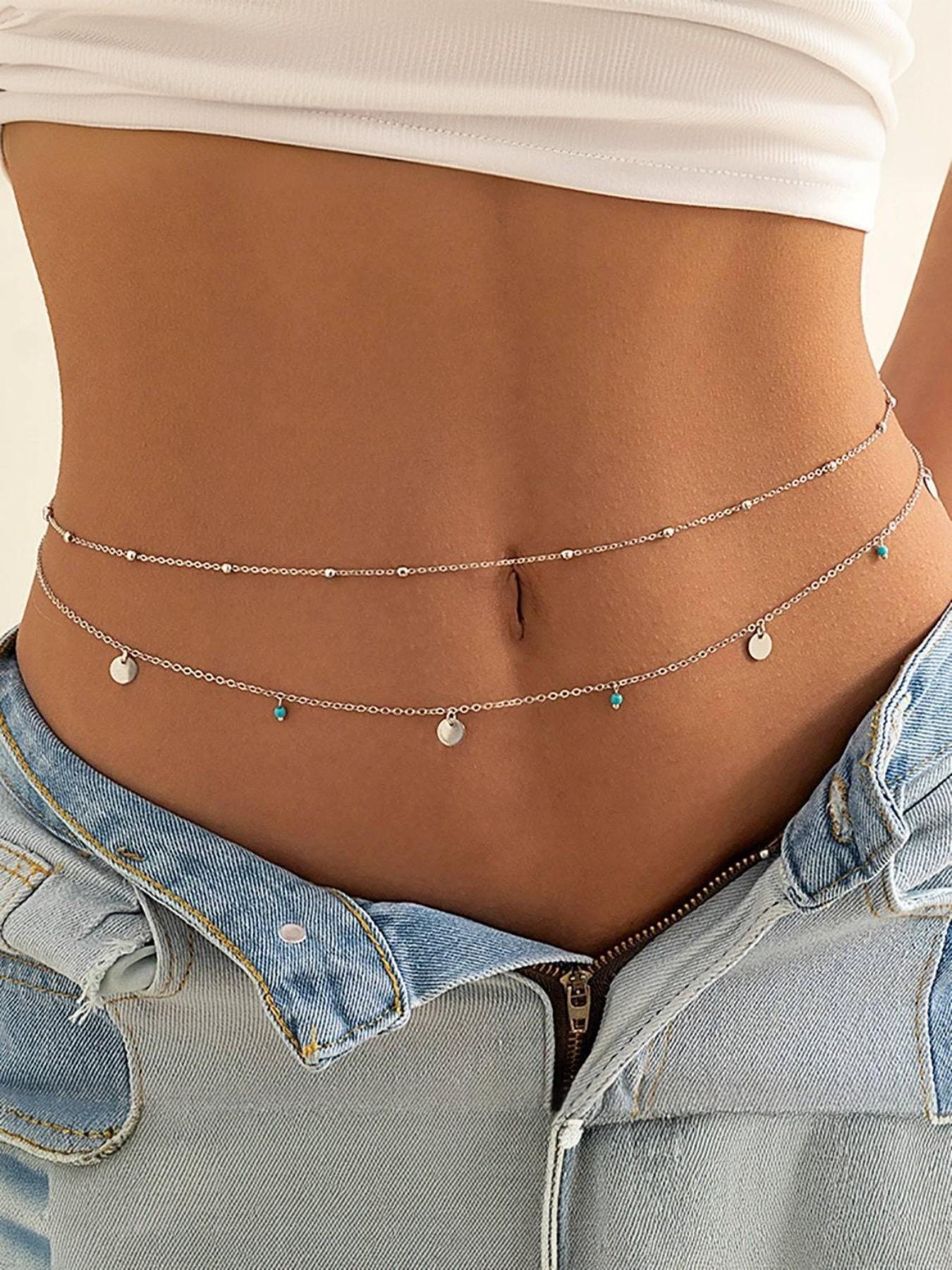 2558 2 Sets Rhinestone Pearl Elastic Waist Chain Belt, Women Skinny Metal Women main image 2