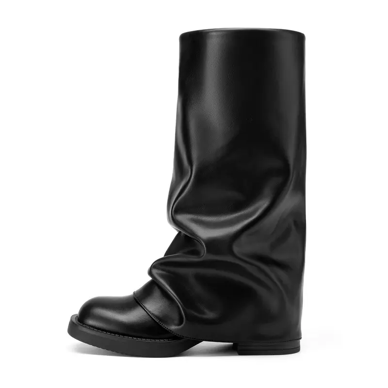 Athlefit Women's Slouchy Leather & Rubber Mid-Calf Boots, Wide Calf Retro Casual Slip On with Square Toe and Platform Cushion, Pull On, Shock Resistant tiktokshopbacktoschool, Party, Soft Slouchy Upper,back to school,back to school haul