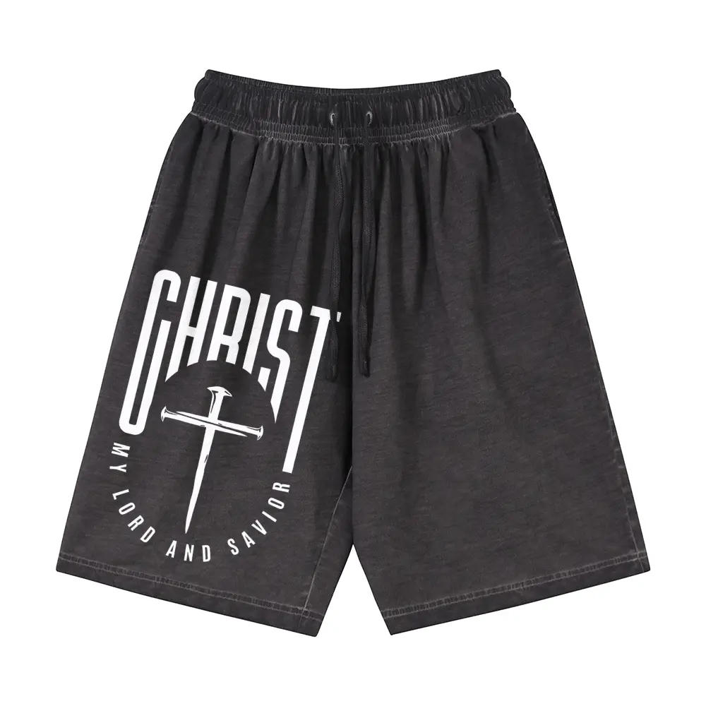 Acid Washed Oversized Y2K Faith Graphic Shorts, Giant Curved Bold Letter Nail Cross Circular Verse Text Front Print Short Pants, Vintage Grunge Streetwear, 100% Cotton Unisex Drawstring Shorts Breathable Casual