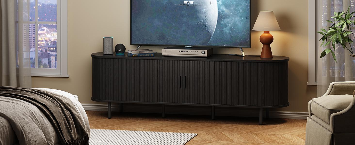 【SPOTLIGHT DAY】ONBRILL 55"/63" Fluted TV Stand with Power Outlet for TVs up to 70 Inch, Entertainment Center with Storage and Adjustable Shelves, Modern Media Console with Sliding Doors for Living Room