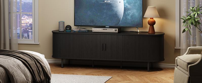 【Valentine's Day gift】ONBRILL 55"/63" Fluted TV Stand with Power Outlet for TVs up to 70 Inch, Entertainment Center with Storage and Adjustable Shelves, Modern Media Console with Sliding Doors for Living Room