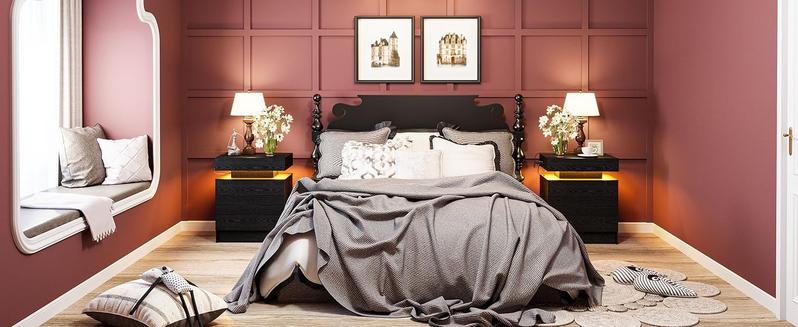 Night Stand with Charging Station, Modern Nightstand with LED Light and 2 Drawers, Bedside Tables/End Table for Bedroom