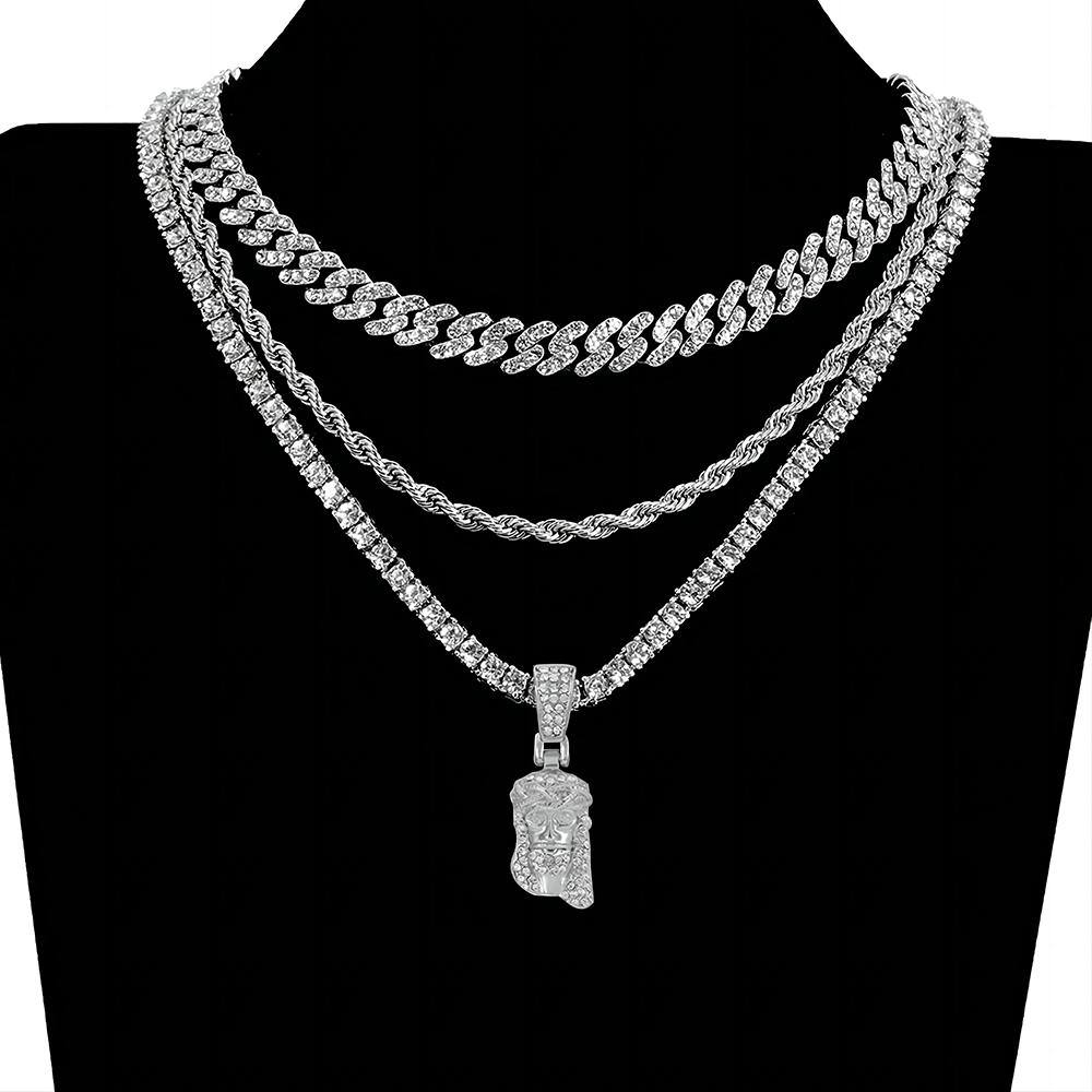 Men's Iced Out Metallic Jesus Head Face Charm Pendant Necklace, Hip Hop Costume Jewelry with Pave-Set Shining Crystals and Matching Chain, Crystal🎀, Metallic Jesus Graphic Necklaces