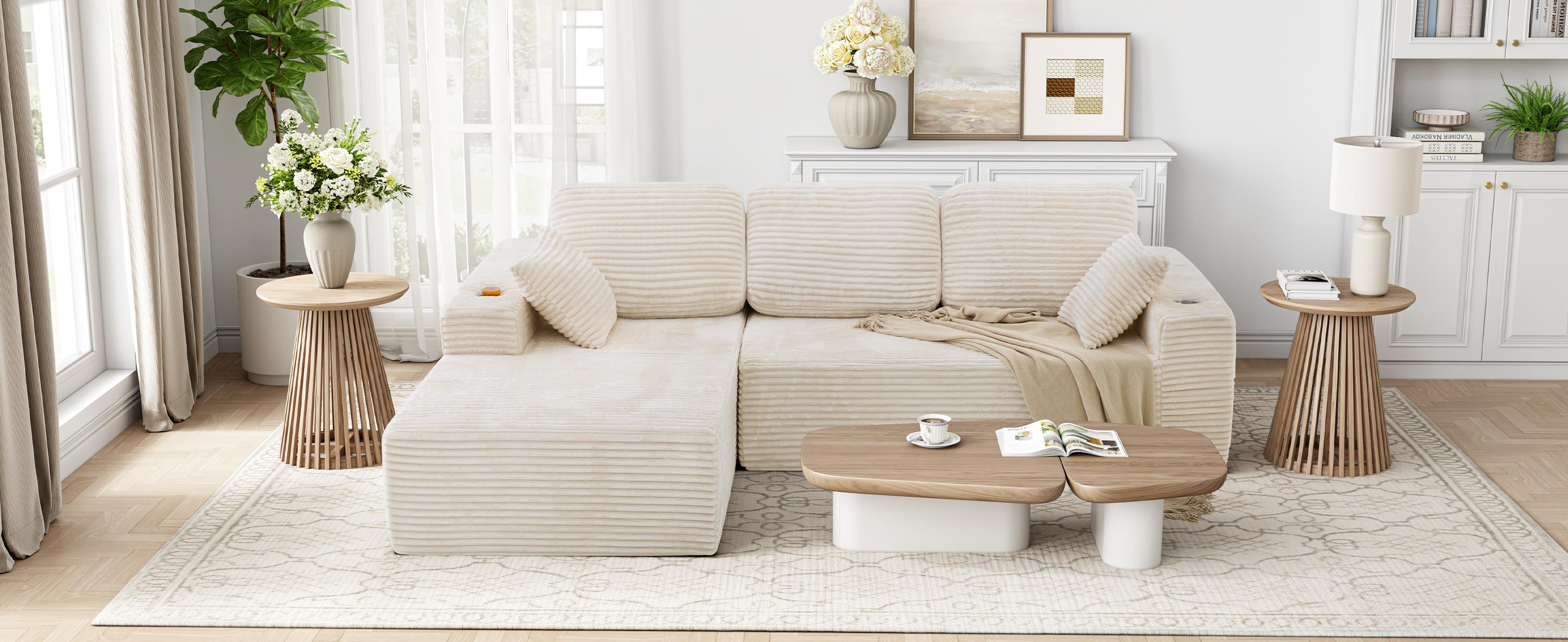 【2 Packages Shipping】LIKIMIO 110" Modular Sectional Sofa, Cloud Couch with 2 Cup Holders & Storage Pockets, Modern L-Shape Couch with Deep Seat and Chaise for Living Room