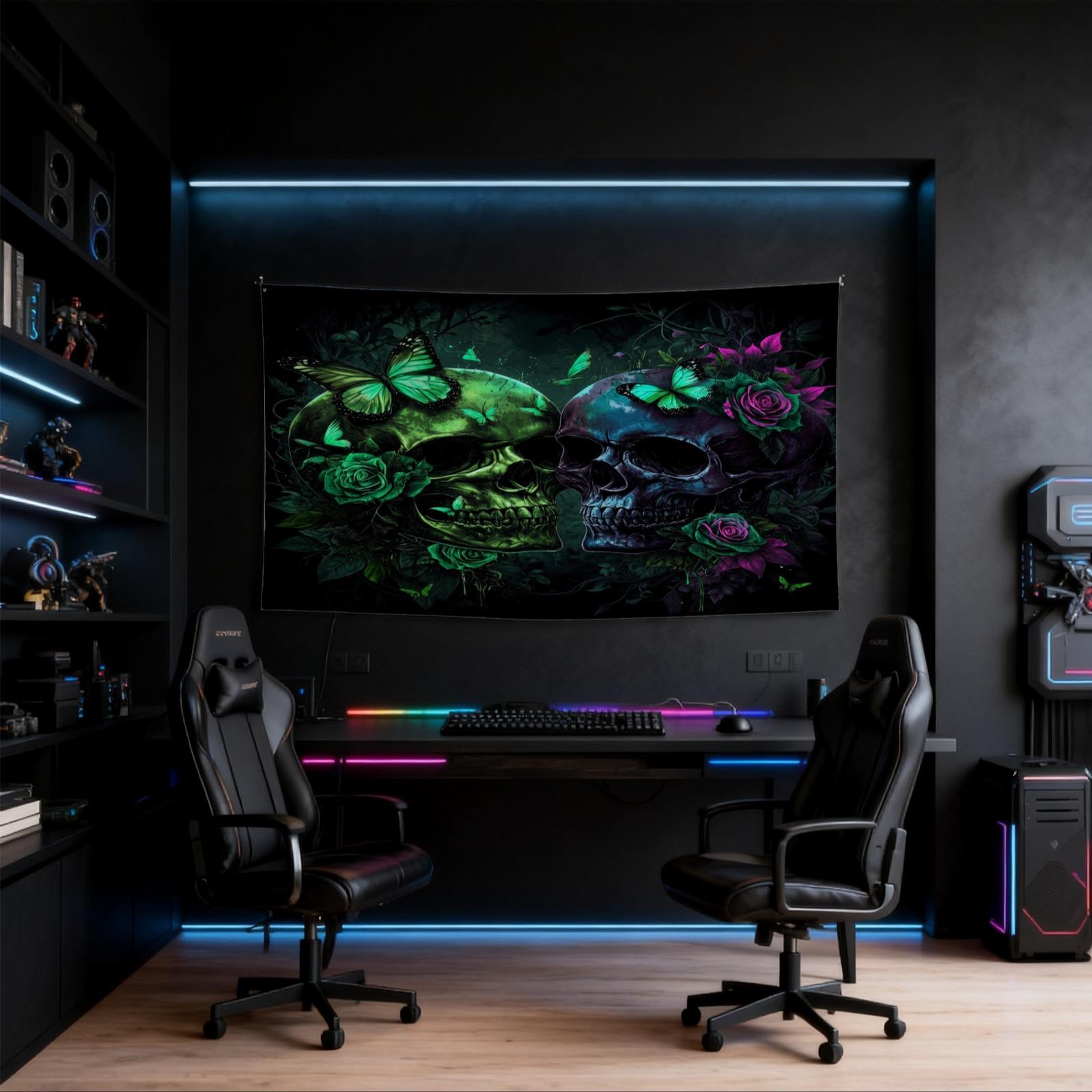 Neon Skull & Rose Print Tapestry, Gothic Aesthetic Style, Vivid & Fade-Resistant, Personalized Home Decor, Ideal for Bedroom, Living Room & Dorm, Perfect Keepsake Gift