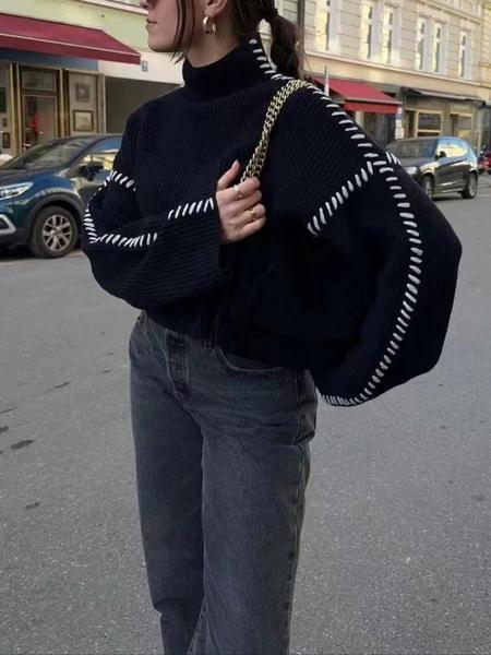 Women's High Neck Loose Knit Sweater, Casual Fall Winter Pullover, Handmade Seam Design, Versatile & Comfortable Fit, Knitwear