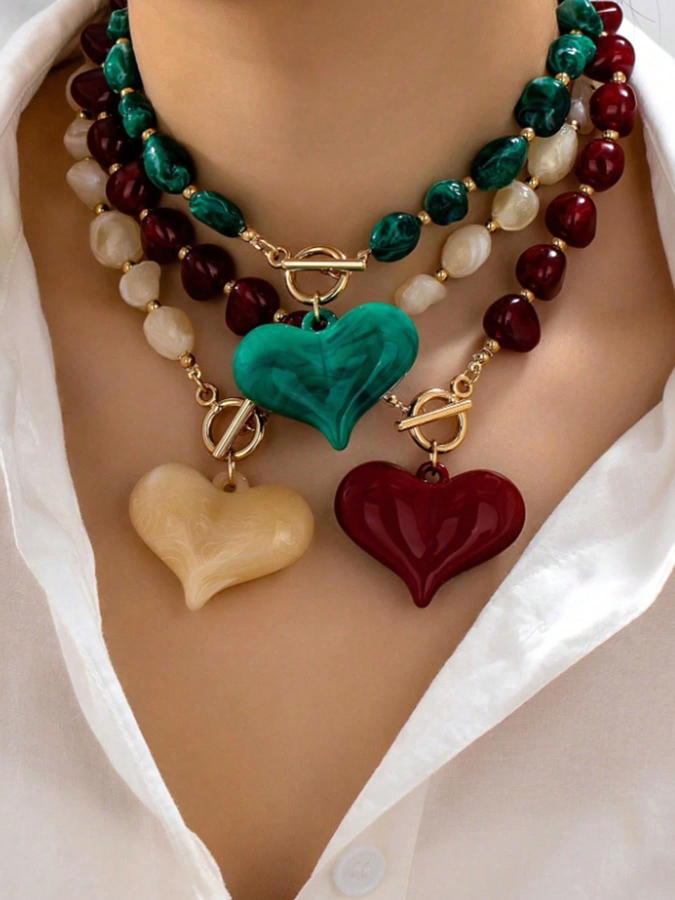3Pcs Vintage Chunky Beaded Resin Heart Pendant Necklaces for Women, Statement Necklaces with Toggle Clasp, Trendy Jewelry Gift for Parties & Daily Wear, Casual Jewelry