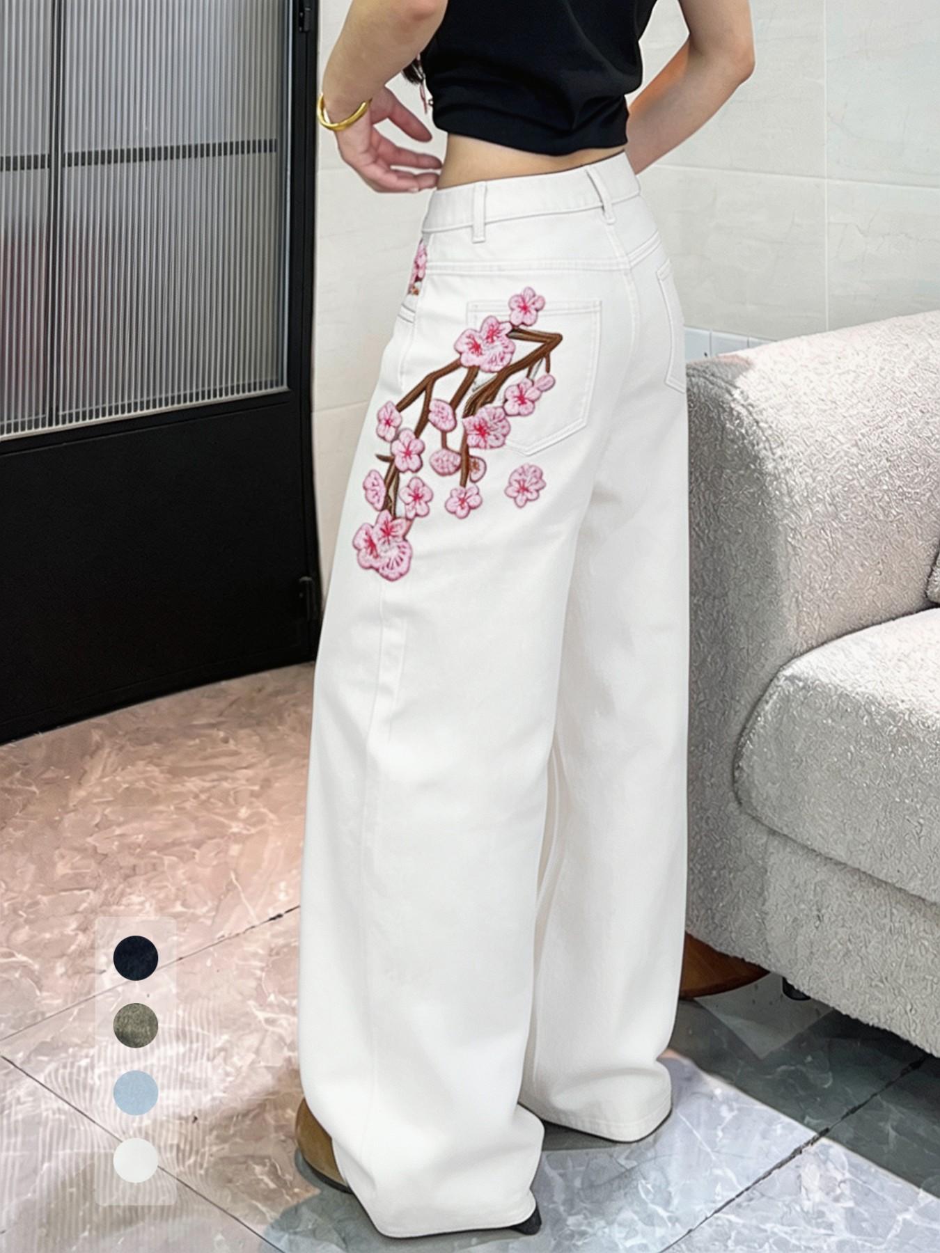 Women's High-Waisted Jeans, Embroidered Denim Jeans, Fashion Floral Embroidery, Loose-Fit Wide Leg Pants, All-Season Versatile Long Trousers, Denim Bottoms, Loose Cut Jeans, Multiple Colors Available