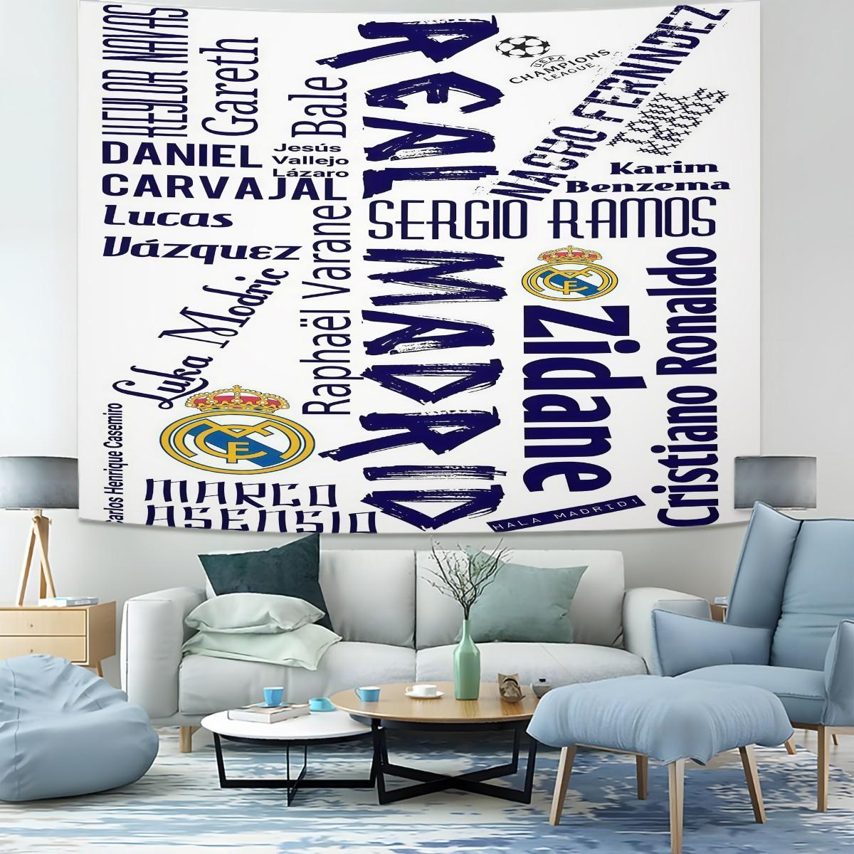 Real Madrid CF Tapestry Wall Hanging, Soccer Team Champions League Themed Wall Tapestry, Sports Fan Room Decor, Dorm Bedroom Living Room Man Cave Wall Art Decoration, Perfect Gift for Football Fans