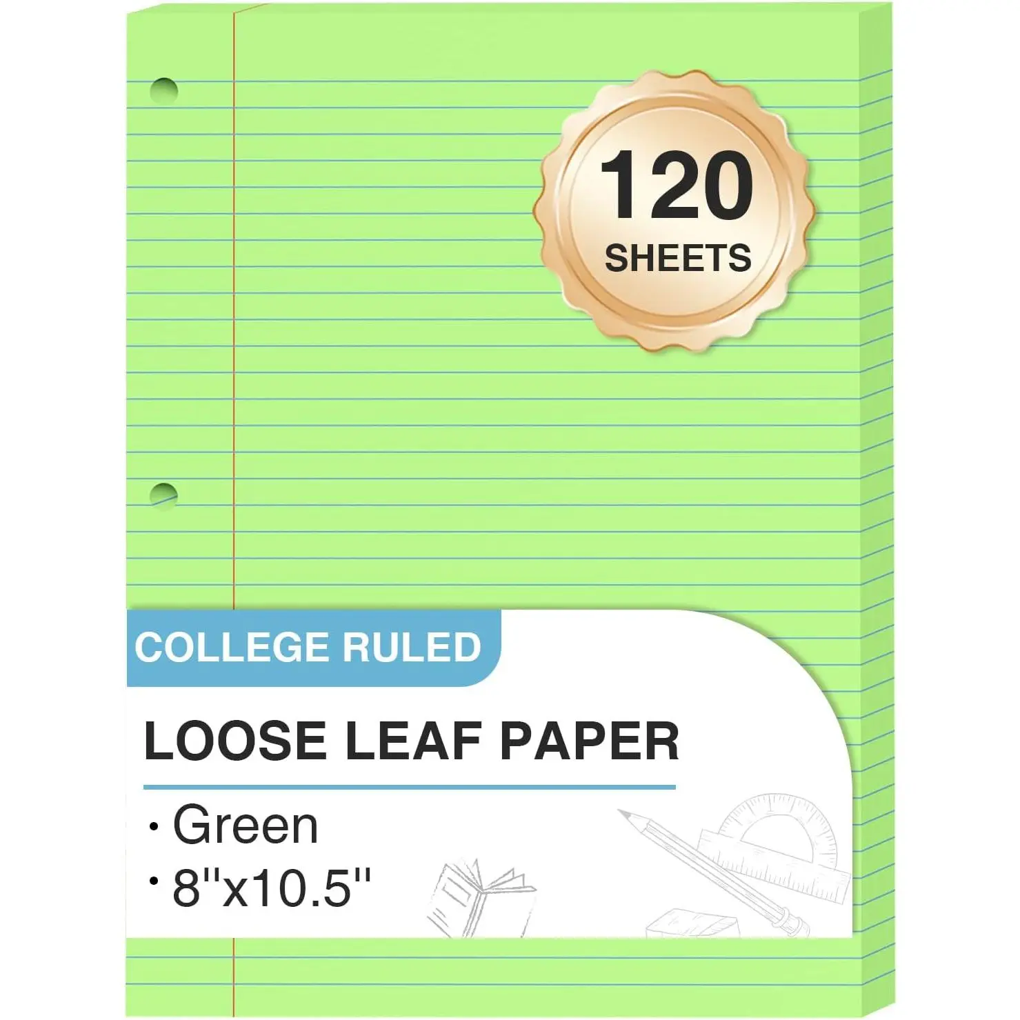 Green Loose Leaf Paper 8 x 10.5, 120 Sheets Lined Paper College Ruled Paper | 3 Hole Punched Notebook Paper College Ruled, 3 Ring Binder Paper 8 x 10.5, Filler Paper College Ruled for Office, School