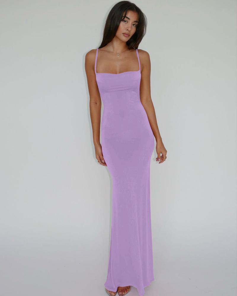 Women's Solid Spaghetti Strap Backless Bodycon Cami Maxi Dress Sleeveless Long Dress for Party Club Elegant Casual Holiday Vacation Dresses