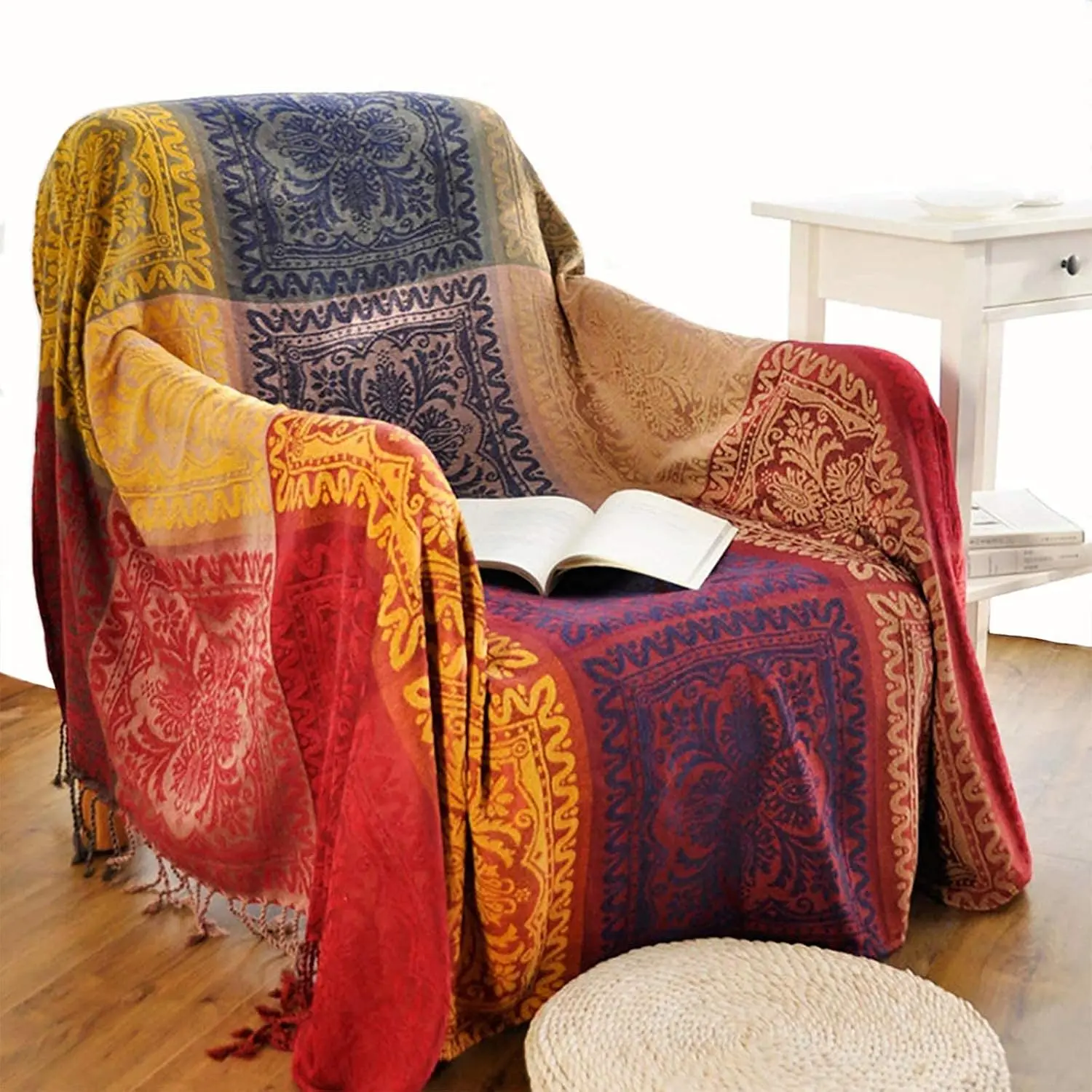 Bohemian Throw Blanket Hippie Chenille Jacquard Tassels Soft Chair Cover for Bed Couch Decorative Boho Throw Blankets - Colorful Tribal