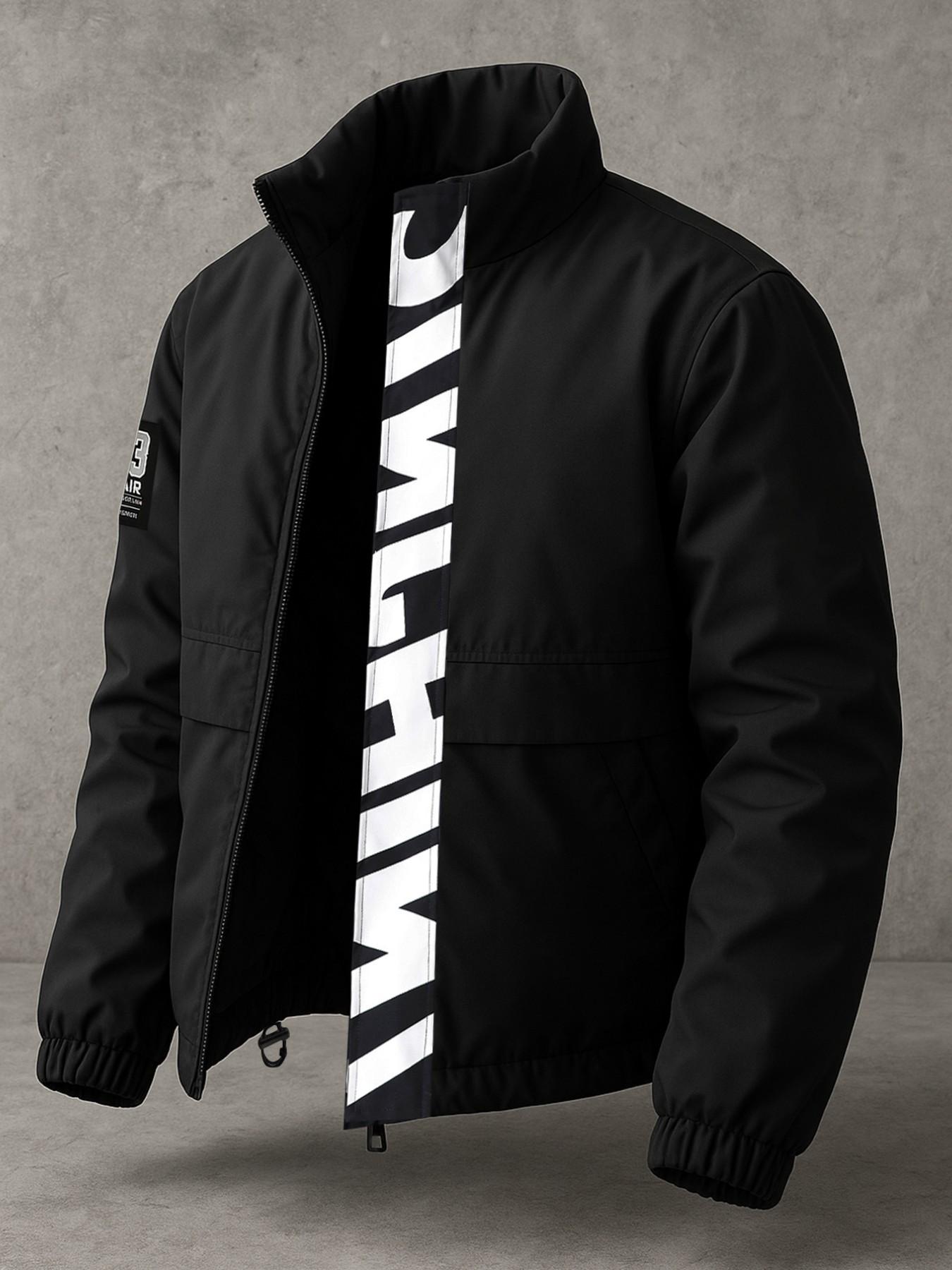 Men's Casual Workwear Zipper Jacket, Windproof Anti-Wrinkle Fabric, Stand Collar, Practical Pockets, Fashion Letter Print, Loose Fit