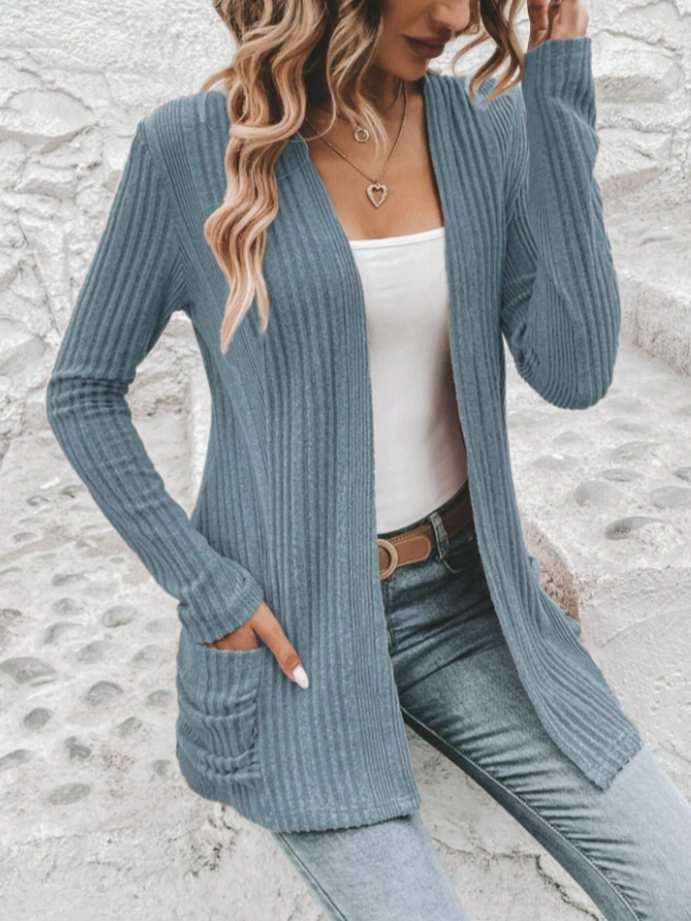 Women's Ribbed Open Front Sweater Cardigan, Casual Long Sleeve Cardigan Sweater for Spring & Fall, Women's Knit Clothing for Daily Wear
