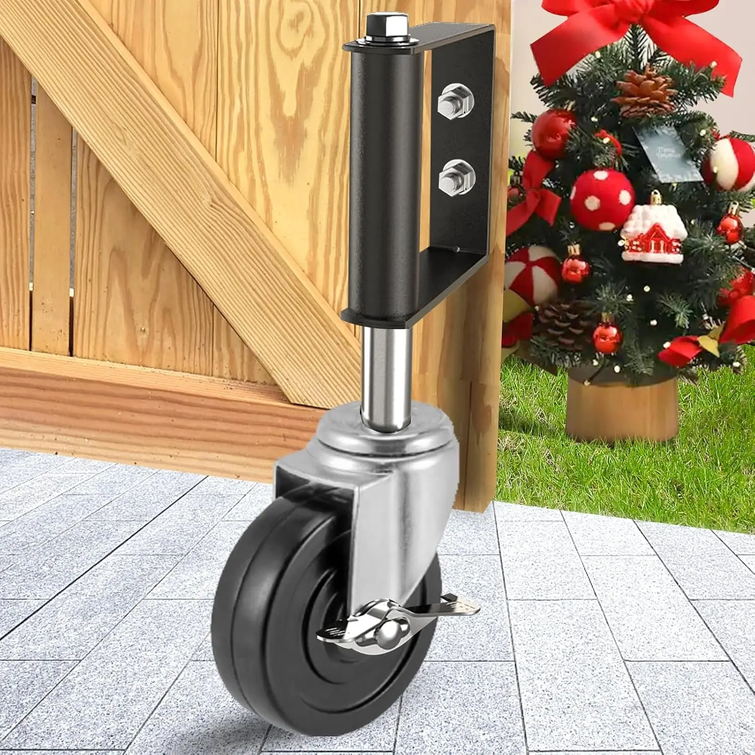 Heavy Duty Spring Loaded Gate Caster Wheel, 4 Inch Swivel Rubber Wheel for Wooden Gate and Fence, 250LBS Load Capacity, Black