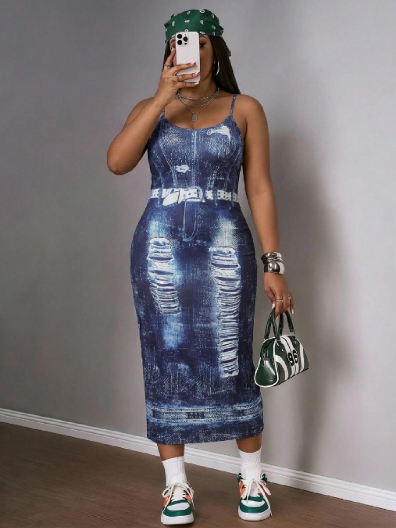 Plus Size Women's Denim Print Fitted Midi Dress, Thin Straps Sexy Summer Street Style, Fashionable Comfortable Design