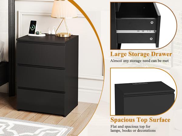FOTOSOK Nightstad with Charging Station, White Nightstand with 3 Drawers,  Nightstand with USB Ports, Power Outlets, Silent Slides, Wooden End Side Table Bedside Table for Bedroom