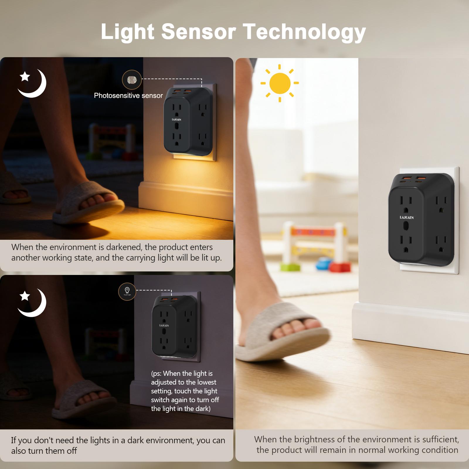 Multi Plug Outlet Extender Surge Protector with Night Light, 6 Outlet 4 USB(2A2C) Wall Adapter,  4 Sided Design, Touch Control 3 Level Night Light, 1050J Surge Protection for Home Travel