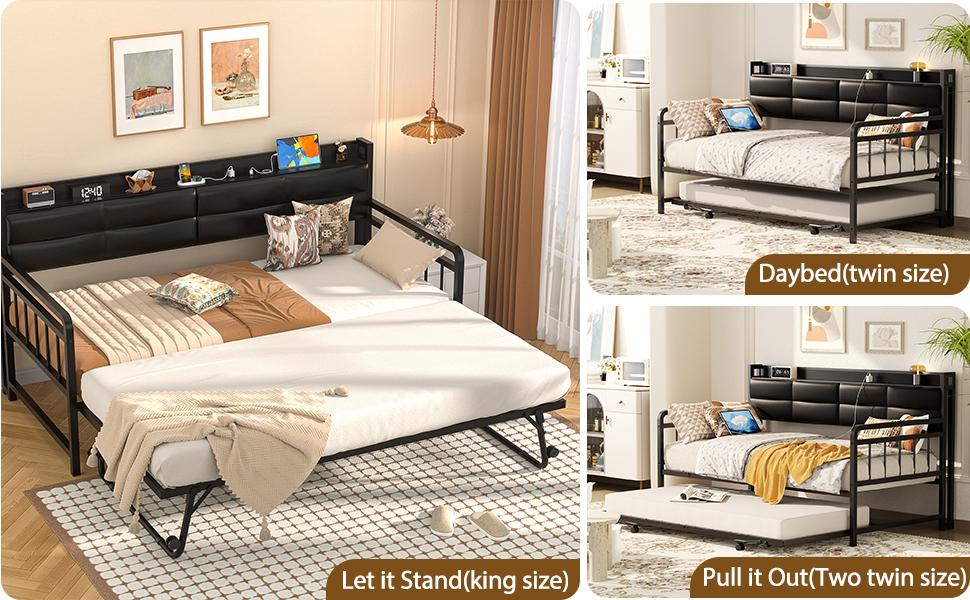 Daybed with Upholstered Headboard and Charging Station, Twin Day Bed with Trundle, Sturdy Metal Pop-up Trundle Bed for Living Room, Bedroom and Guest Furniture Luxury Home Design Modern unique bedroom furniture Daybed with Upholstered Headboard and Charging Station, Twin Day Bed with Trundle, Sturdy Metal Pop-up Trundle Bed for Living Room, Bedroom and Guest Furniture Luxury Home Design Modern unique bedroom furniture