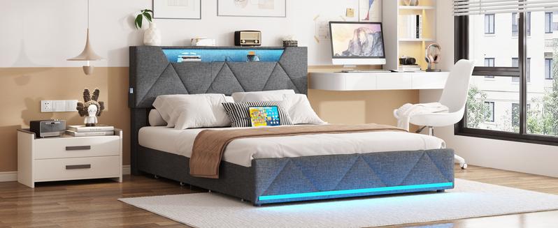 Vabches Bed Frame with Storage Headboard and 4 Drawers,Upholstered Platform with Charging Station and Led Lights,Adjustable Headboard,No Box Spring Needed,Dark Grey