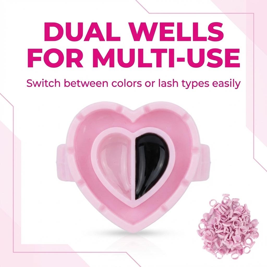 100Pcs Pink Heart Glue Rings, Disposable Lash Extension Glue Holder Rings, Double Wells Adhesive Pallet for Eyelash Extensions, Nail Art, Makeup, DIY Craft, Salon Home Use