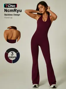 Women's Sporty One-Piece, Summer Spring Fashion, Halter Micro Flare Pants, High Elasticity, Breathable, Yoga Running Commute