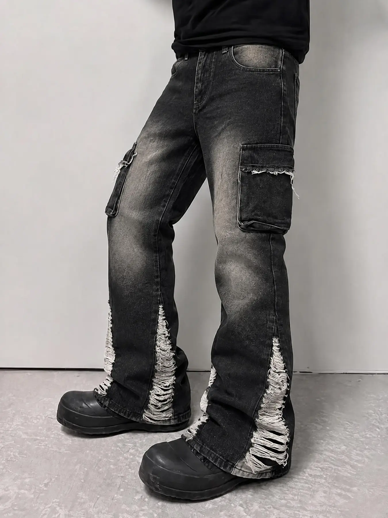 Y2K Vintage Loose-Fit Cargo Pocket Micro-Rise Jeans, American High Street Ripped Patchwork Micro-Rise Denim Jeans, Streetwear Fashion Long Jeans