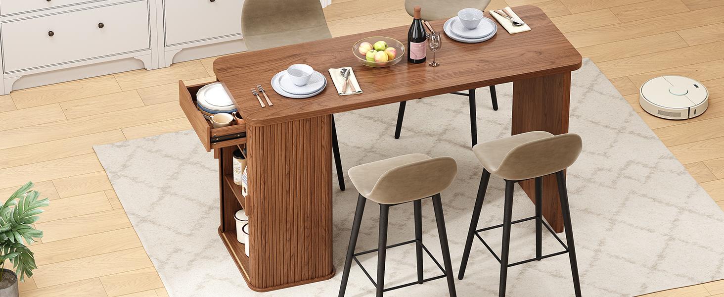 【SPOTLIGHT DAY】ONBRILL 59 Inch Kitchen Island with Storage, Fluted Counter Height Table, Mid-Century Modern Kitchen Island Table with Sliding Door, Home Bar Tables with Wine Rack and Drawers